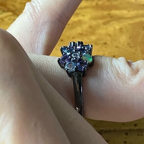 Natural Multi Gemstone Sterling Silver Black Rhodium Ring - Picture 3 of 10